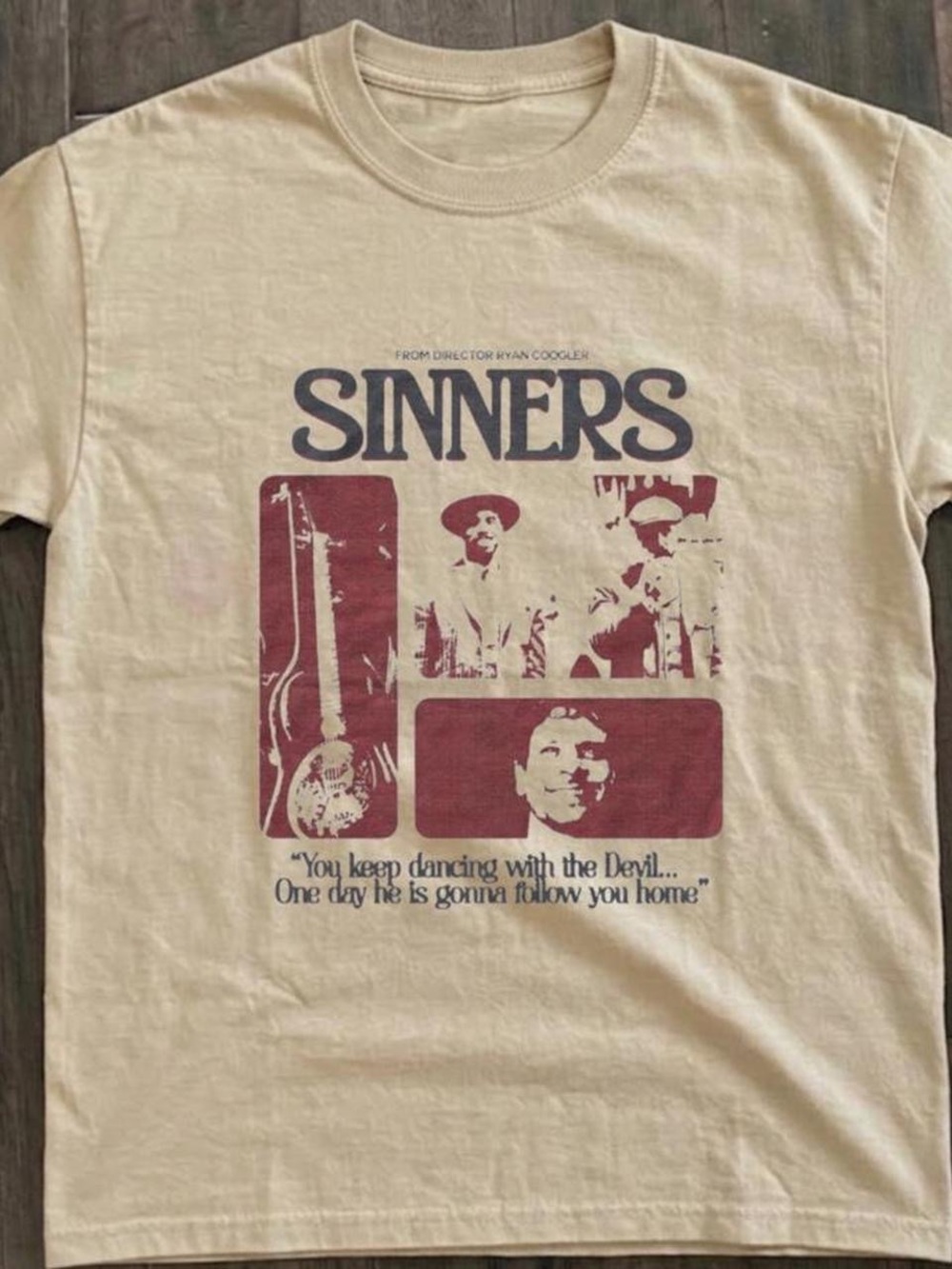 Sinners Ryan Coogler Movie Graphic Tee - Beige with Maroon Print